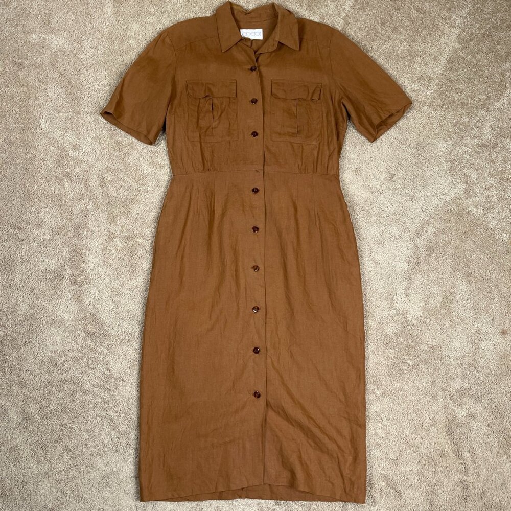 Oberon Dress Women L Brown Vintage Linen Safari Maxi Modest Button Front Western - Picture 1 of 9